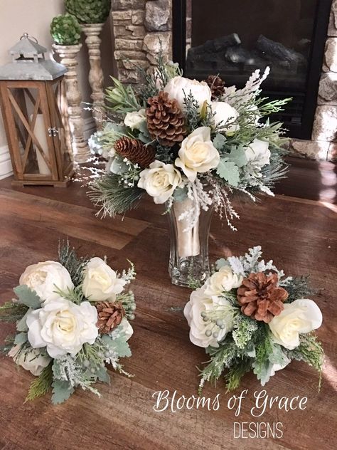 White Wedding Bouquet Bride Bouquet Bridesmaid Bouquet - Etsy Winter Wedding Wreath Backdrop, Floral Centerpieces White Roses With Evergreen, Winter Wedding Centerpieces Greenery Table Runners, Winter Wedding Greenery For Long Farm Tables, Winter Table Garland Wedding, Winter Floral Chandelier Wedding, Winter Wedding Bridal Table, Winter Wedding Flower Guide, Pinecone Centerpiece Wedding Vases