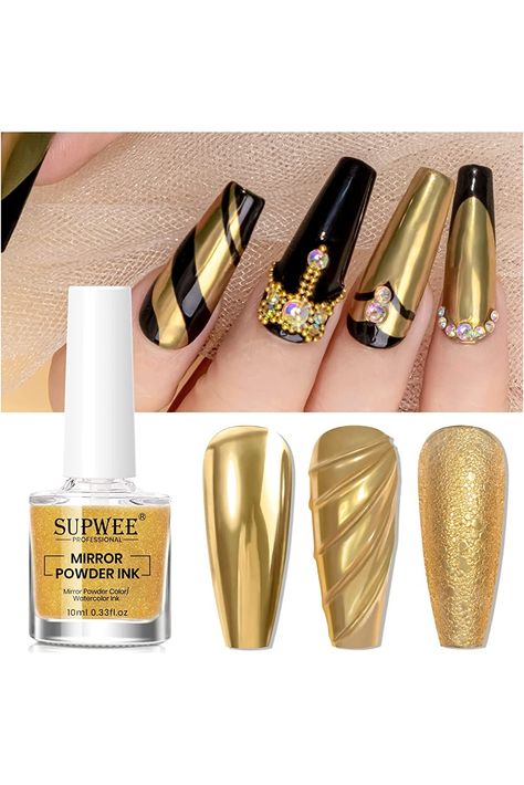 SUPWEE Gold Liquid Chrome Nail Powder for Nails Aurora Metallic Mirror Nail Gel Iridescent Pigment Nail Art Manicure DIY at Home Mirror Nail Polish, Gold Chrome Nails, Chrome Nail Polish, Metallic Nail Polish, Chrome Nail Powder, Mirror Nails, Chrome Nails Designs, Chrome Mirror, Chrome Powder