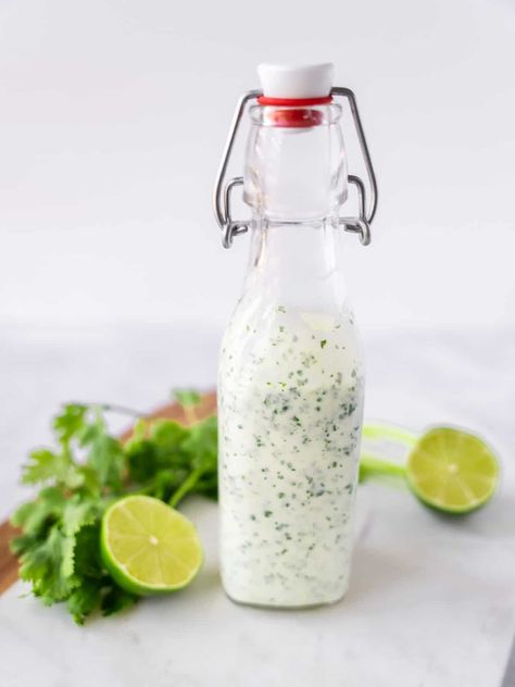 A creamy cilantro lime dressing made with yogurt for a quick and healthy salad dressing or dip. Recipe on ThaiCaliente.com Sauce For Grilled Chicken, Creamy Cilantro Lime Dressing, Dressing Salad, Yoghurt Dressing, Mexican Sauce, Fall Salad, Plant Based Yogurt, Cilantro Lime Sauce, Homemade Enchilada Sauce