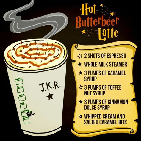 Hot Butterbeer Latte from Starbucks.  Just show the barista this pic and they'll make it for you. Kawa Starbucks, Butterbeer Latte, Butterbeer Frappuccino, Hot Butterbeer, Harry Potter Drinks, Resep Starbuck, Butterbeer Recipe, Cinnamon Dolce Syrup, Butter Beer