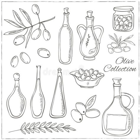 Olive sketch set with tree branch and oil bottle. stock illustration Olive Sketch, Olive Food, Olive Tree Tattoos, Olive Tattoo, Logo Garden, Food Logos, Olive Oil Cruet, Plant Logos, Bottle Tattoo