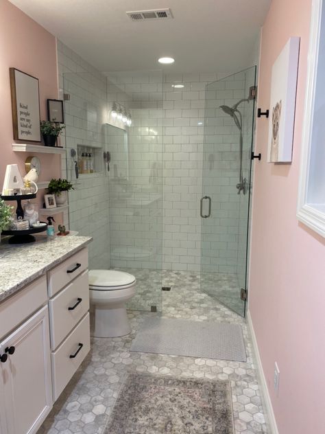 Floor To Shower Transition, Zero Transition Shower Floor, Subway Tile Shower Hexagon Floor, Zero Entry Shower Master Bath, White Hexagon Tile Bathroom Floor Shower Subway On Walls, Hexagon Bathroom Floor, Gray Hexagon Tile Shower Floor, 4x4 Shower Stall Master Bath, Shower Floor Tile