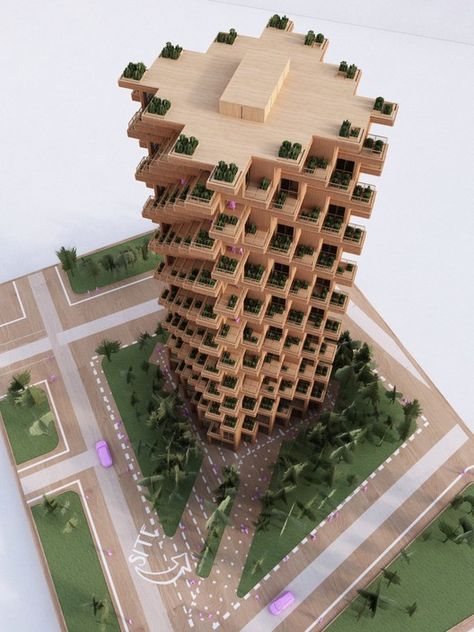 Gallery of Penda Designs Modular Timber Tower Inspired by Habitat 67 for Toronto - 11 Timber Tower, Green Building Architecture, Habitat 67, Residential Building Design, Plans Architecture, Architectural Model, Parametric Architecture, Apartment Architecture, Green Architecture