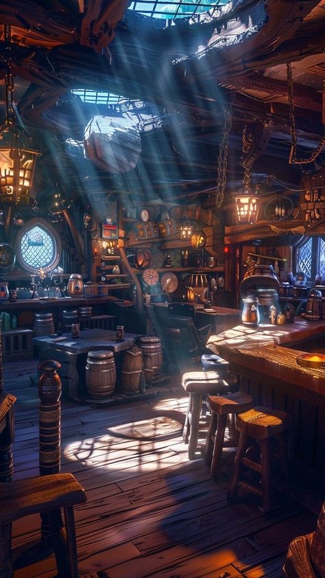 Pirate Tavern Aesthetic, Fantasy Pub, Steampunk Landscape, Medieval Pub, Tavern Room, Fantasy Interior, Witches Cottage, Bar Aesthetic, Fantasy Shop