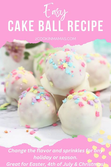 This Easy Cake Ball Recipe is a fun-to-make bite-sized dessert. They start with a boxed mix of your favorite cake, combined with cream cheese, then dipped into a coating of rich white chocolate. Decorated with seasonal sprinkles, they make a delectable and delicious dessert for Easter, Christmas, Halloween, birthdays, and even weddings. #easycakeballs Cake Balls Recipe Easy, Cake Ball Recipe, Halloween Cake Balls, Christmas Cake Balls, Cake Balls Recipe, Recipe With Cream Cheese, Halloween Birthdays, Cake Ball Recipes, Cake Ball