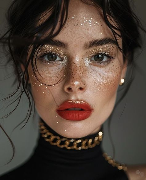 Whimsical Makeup Looks, Mascarade Makeup, Glitter Freckles, Punk Makeup, Gold Makeup, Festival Makeup, Stunning Eyes, Editorial Makeup, Glitter Makeup