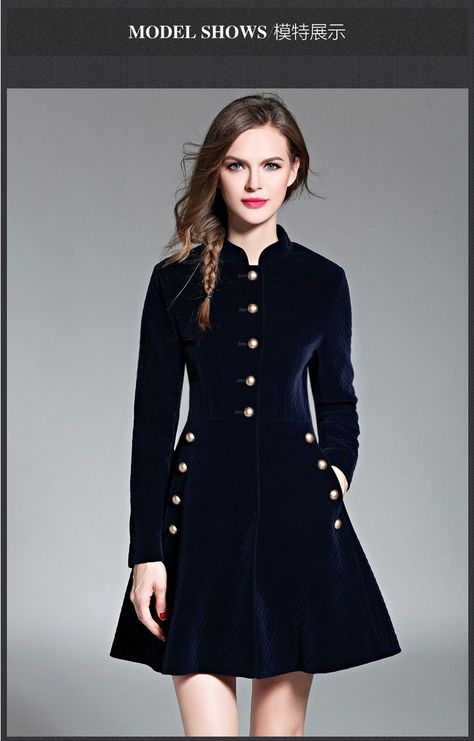 - Dresses Length: Knee-Length - Season: Winter - Style: Vintage - Decoration: Button - Sleeve Style: Regular - Pattern Type: Solid - Sleeve Length (cm) : Full - Material: Velvet - Neckline: Mandarin Collar - Silhouette: Pleated - Waistline: Natural Dresses Navy Blue, Velvet Skater Dress, Womens Dress Coats, Robes D'occasion, Marine Uniform, Navy Blue Long Sleeve, Dress Stand, Runway Dresses, Cocktail Evening Dresses