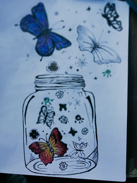 Butterflies fly away.. Scenery Pencil Sketch, Butterfly In A Jar, Butterfly Scenery, Glowing Butterflies, Fly Drawing, Easy Butterfly, Butterfly Art Drawing, Glass Painting Patterns, Diy Butterfly