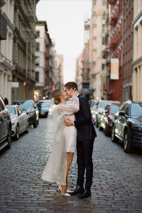 intimate nyc elopement in soho published on fashion blog Over the Moon Elopement Photoshoot Casual, Wedding Photos In Street, Short Dress Elopement Photos, Vintage Nyc Engagement Photos, City Bride Photoshoot, Timeless Elopement Photos, Soho Nyc Photoshoot, City Pre Wedding Shoot, Nyc Wedding Dress