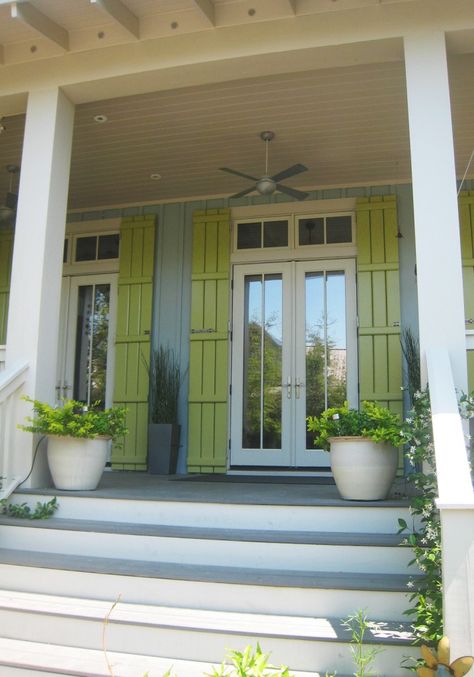 shutter, shutters, green shutters, citron shutters, historic shutters, historic porch, porch, front porch, Light Green Shutters, Aqua Shutters, Shutters Colors, French Door Shutters, Cottage Shutters, Storm Shutters, Shutter Ideas, Green Siding, Roof Brackets