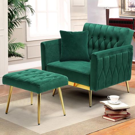 Home library inspiration and home office decor inspiration with this emerald green velvet reading chair. Great for book lovers, readers, or interior design lovers. Could go in home office, library, reading room, reading nook, dorm room, living room, or bedroom. Emerald green accent chair, colorful accent chair, Amazon find. Bedroom Teal, Button Tufted Chair, Recliner Armchair, Armchair With Ottoman, Tufted Chair, Better Body, Velvet Accent Chair, Single Sofa Chair, Upholstered Accent Chairs