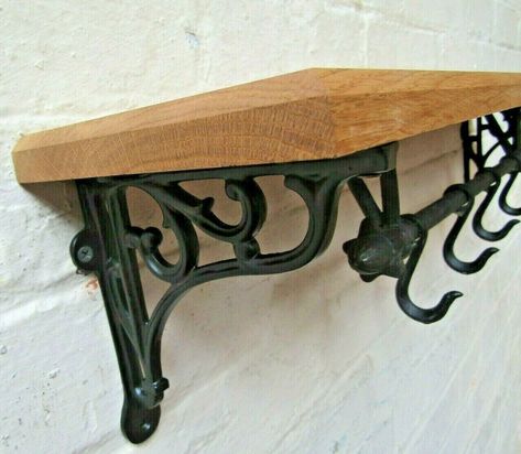 Solid Oak Wooden Shelf Rustic Vintage Victorian Cast Iron Brackets & Kitchen Utility Pot Pan Hooks Rail Country Farmhouse Kitchen - Etsy Antique Shelf Brackets, Rustic Shelf Brackets, Art Nouveau House, Cast Iron Brackets, Oak Shelf, Cast Iron Shelf Brackets, Country Farmhouse Kitchen, Rod Iron, Kitchen Utility