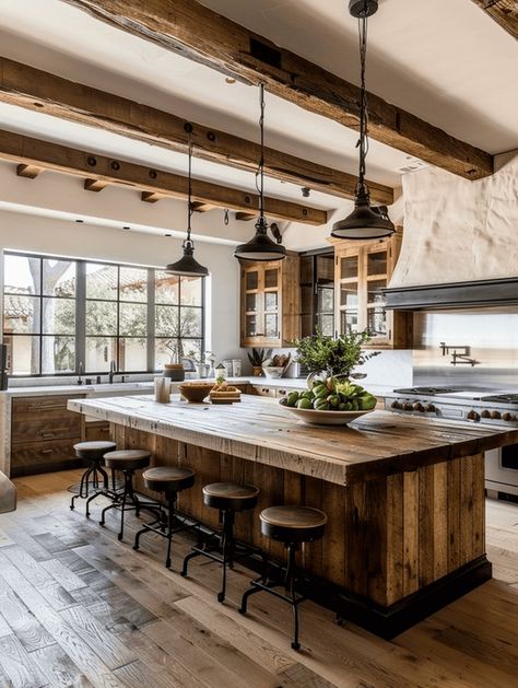 Cozy Farmhouse Kitchen Ideas: Rustic Kitchen Island with Iron Fixtures Modern Hacienda Kitchen, Rustic Modern Kitchen Ideas, Hacienda Kitchen, Rustic Country Kitchens, Rustic Kitchen Island, Modern Kitchen Ideas, Farmhouse Kitchen Island, Modern Rustic Decor, Rustic Modern Kitchen