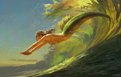 Jumping waves, Anna Podedworna on ArtStation at https://www.artstation.com/artwork/PWbb4 Mermaid Swimming, Mermaid Pictures, Beautiful Mermaids, Mermaid Art, A Mermaid, Magical Creatures, Fantasy Creatures, Cover Art, Digital Painting