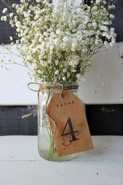 Rustic Table Numbers, Acrylic Table Number, Mason Jar Wedding, Wedding Outdoor, Outdoor Decorations, Center Pieces, Baby's Breath, Wedding Table Centerpieces, Wedding Table Numbers