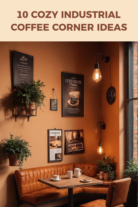 A cozy industrial-style coffee corner showcasing leather seating and stylish wall decor to inspire your home cafe setup. Coffee Bar Bay Window, Coffee Corner Ideas, Coffee House Interiors, A Loft Apartment, Coffee Corners, Nook Inspiration, Coffee House Decor, Loft Apartments, Corner Ideas