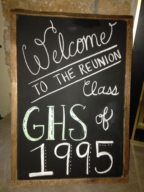 Chalkboard welcome sign Class Reunion Chalkboard Signs, Class Reunion Welcome Sign, 45 Year Class Reunion Ideas, Class Reunion Ideas, School Reunion Decorations, Chalkboard Welcome Sign, Class Reunion Favors, Class Reunion Planning, Chalkboard Welcome