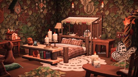 Acnh Cabin Interior, Acnh Bedroom Inspiration, Acnh Zen Path Design, Acnh Interior, Acnh House, Cottagecore Animal Crossing, Cabin Room, Brown Rooms, Holiday Room