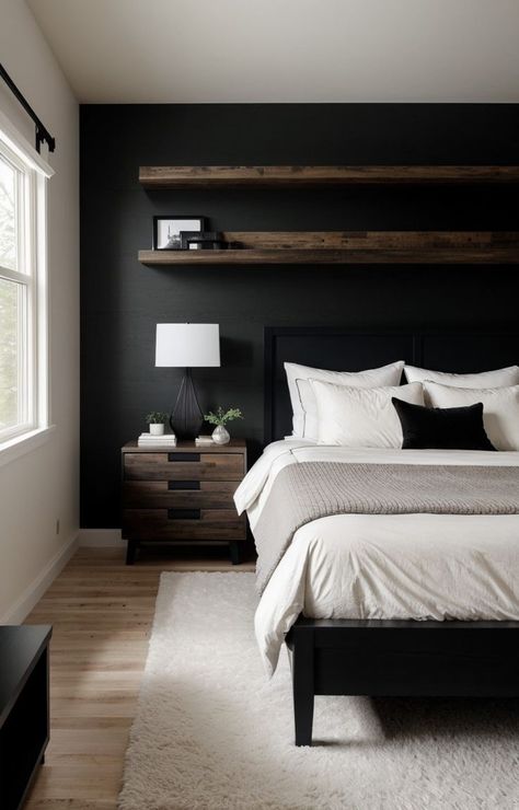 Black And Grey Bedroom, Black Walls Bedroom, Mens Bedroom, Bilik Tidur, Black Bedroom, Hem Design, Home Alone, Master Bedrooms Decor, Remodel Bedroom