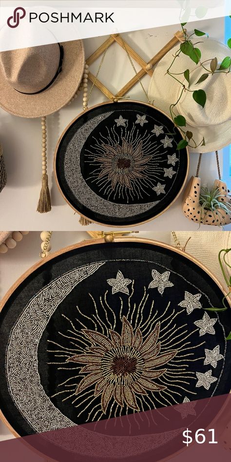 NWOT ASTROLOGY + ZODIAC MOON AND SUN EMBROIDERY HOOP BEADED DECOR Sun Embroidery, Zodiac Moon, Beaded Decor, Moon And Sun, Zodiac Symbols, Smudge Sticks, Fabric Beads, Gem Stones, Astrology Zodiac