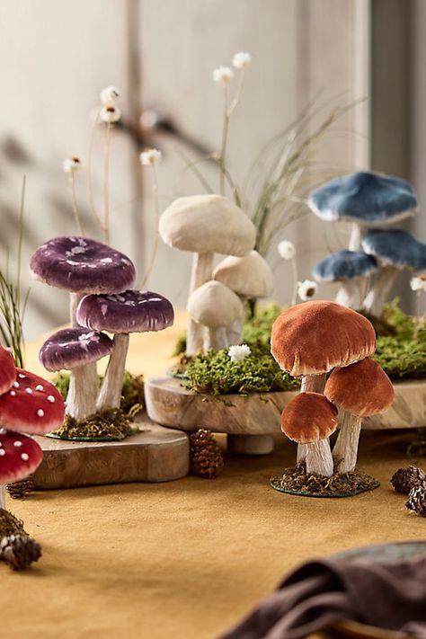 Bring the forest floor home with this sweet trio of sumptuous velvet mushrooms. Perfect to add an autumnal feel to the mantel, tabletop, bedside, and beyond. | Velvet Mushrooms, Set of 3 Small by Terrain in Purple, Polyester at Anthropologie Velvet Mushrooms, Mushroom Crafts, Mushroom Decor, Forest Floor, Easter Shopping, Creative Living, Hand Poured Candle, The Velvet, Outdoor Garden Furniture