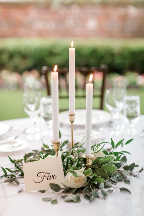 Spring Wedding Centerpiece Ideas, Candleabra Wedding, Round Table Centerpieces Wedding, Taper Candle Centerpiece, Candlestick Centerpiece Wedding, Taper Candles Wedding, Spring Wedding Centerpieces, Round Wedding Tables, Greenery Wedding Centerpieces