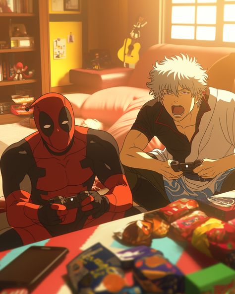 Deadpool Anime, Deadpool Fanart, Marvel Manga, Gintama Gintoki, Work Anime, Crossover Art, Gin Tama, Anime Crossover, Anime Fanart