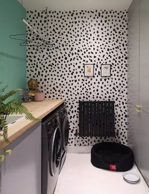 Speckled Wallpaper, Dalmatian Wallpaper, Detailed Wallpaper, Murals Wallpaper, Laundry Room Signs, Small Laundry Rooms, Small Laundry Room, Bright Homes, Small Laundry