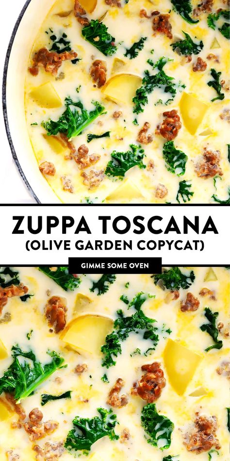 The BEST Zuppa Toscana soup recipe, inspired by the Olive Garden! This creamy soup is full of Italian sausage, potatoes and kale, it's easy to make, naturally gluten-free, and SO delicious! | gimmesomeoven.com #soup #italian #sausage #potato #kale #dinner #glutenfree Best Zuppa Toscana Soup, Kale Dinner, Zuppa Toscana Soup Olive Garden, Zuppa Toscana Soup Recipe, Kale Potato Soup, Zuppa Soup, Soup Italian, Olive Garden Soups, 2024 Meals