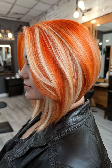 Vibrant neon orange hair with striking blonde highlights Blonde Hair Orange Tips, Blonde Hair Orange Highlights, Orange With Blonde Highlights, Orange Blonde Ombre, Blonde To Orange Ombre, Blonde And Orange Hair, Orange And Blonde Hair, Red To Orange Ombre Hair, Neon Orange Hair