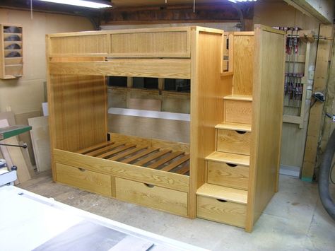 bunk bed plans | Bunk Beds with stairs - by dshute @ LumberJocks.com ~ woodworking ... Diy Bunk Beds, Beds With Stairs, Stair Plan, Bunk Bed Plans, Modern Bunk Beds, Diy Bunk Bed, Cool Bunk Beds, Bunk Beds With Stairs, Bunk Bed Designs