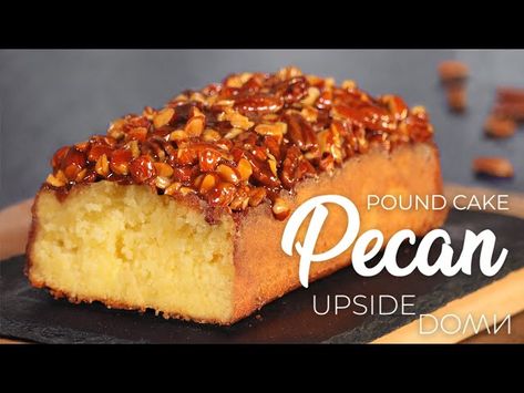 Upside Down Pecan Pound Cake from How Tasty - recipe on Niftyrecipe.com Butter Pecan Pound Cake Recipe, Caramel Pecan Topping, Pecan Upside Down Cake, Pecan Pound Cake, Fall Yummies, Vanilla Pound Cake, Autumn Dessert, Pecan Topping, Crescent Recipes