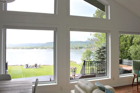 Wall of Windows with Lake View Lake View Homes Big Windows, Lake House Exterior, Copper Metal Roof, Lake Houses Exterior, Copper Roof, Metal Siding, Fire Pit Area, House Window, Lakefront Homes