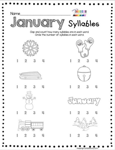 This worksheet is perfect for practicing reading at the beginning of the new year. Have your students clap and count how many syllables are in the words provided on the sheet. January Kindergarten Worksheets, January Worksheets, Teaching Syllables, Kindergarten January, January Kindergarten, Winter Worksheets, Kindergarten Assessment, January Classroom, Thanksgiving Kindergarten