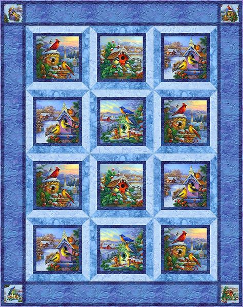 Quilt Patterns Using Panel Blocks, Quilt Patterns With Sashing, Bird Panel Quilt Ideas, Window Pane Quilts Pattern, Panel Block Quilt Ideas, Windowpane Quilt Pattern, Quilts Made With Panels Free Pattern, Window Pane Quilt Pattern Free, Bird Quilts Ideas