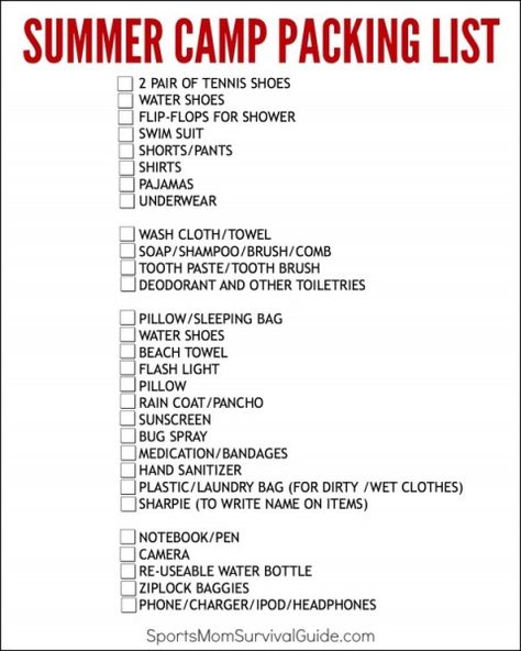 Summer Camp Packing List, Summer Camp Packing, Camp Packing List, Camp Packing, Couples Camping, Summer Camping Outfits, Printable Sports, Sleepaway Camp, Camping Packing List