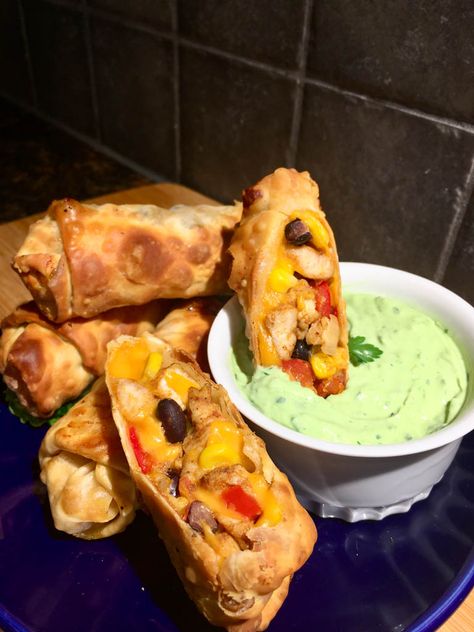 Tex Mex Egg Rolls - Cheesecake Factory Copycat - fed by sab Tex Mex Egg Rolls, Cheesecake Factory Recipe, Creamy Avocado Dip, Superbowl Food Appetizers, Copycat Cheesecake Factory, Avocado Dip Recipe, Egg Roll Ingredients, Cheesecake Factory Copycat, Ways To Cook Eggs