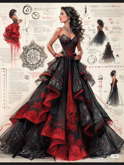 Red And Black Gown, Victorian Dress Gown, Victorian Wedding Dress, Digital Dress, Dreamy Gowns, Fashion Design Books, Fantasy Dresses, Fashion Drawing Dresses, Royal Dresses