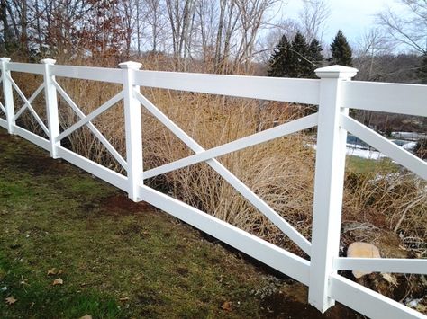 Vinyl Cross-buck Post and Rail Fence Wire And Wood Fence, Short Fence, Post And Rail Fence, Pasture Fencing, Vinyl Gates, Deck Railing Design, Outdoor Fencing, Wood Fences, Gate Fence