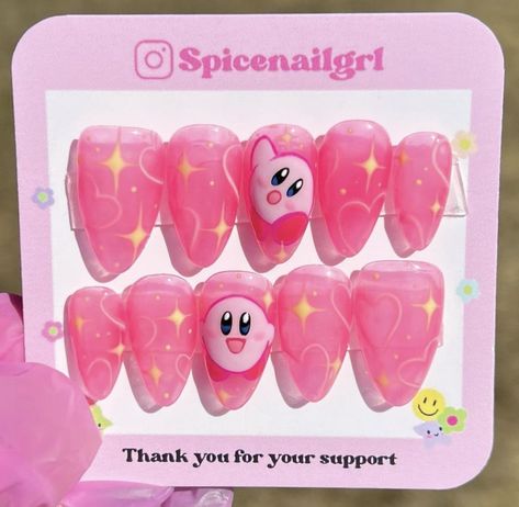 Jiggly Puff Nails, Jelly Nail Polish Designs, Nails With Cartoon Characters, Cute Character Nail Art, Kirby Nails Acrylic, Kirby Nail Art, Nail Art Character, Cartoon Character Nails, Kirby Nails