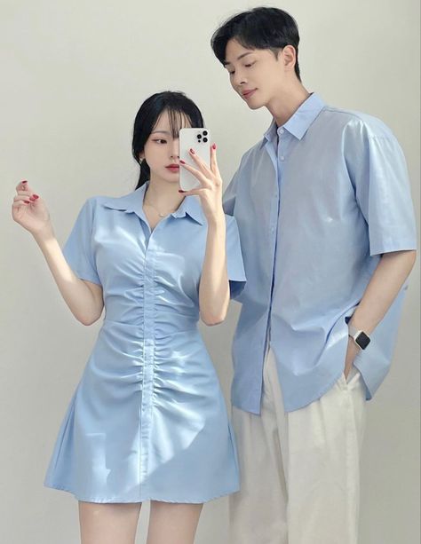 Matching Asian Korean Couple Aesthetic Blue Pastel Outfit Clothes Couple Outfit Ideas Matching Aesthetic, Light Blue Couple Outfits, Pastel Couple Outfit, Colour Coordinated Outfits Couple, Korean Matching Outfits Couple, Pastel Blue Outfit Korean, Korean Couple Aesthetic Outfit, Couple Korean Outfit, Couple Outfit Korean