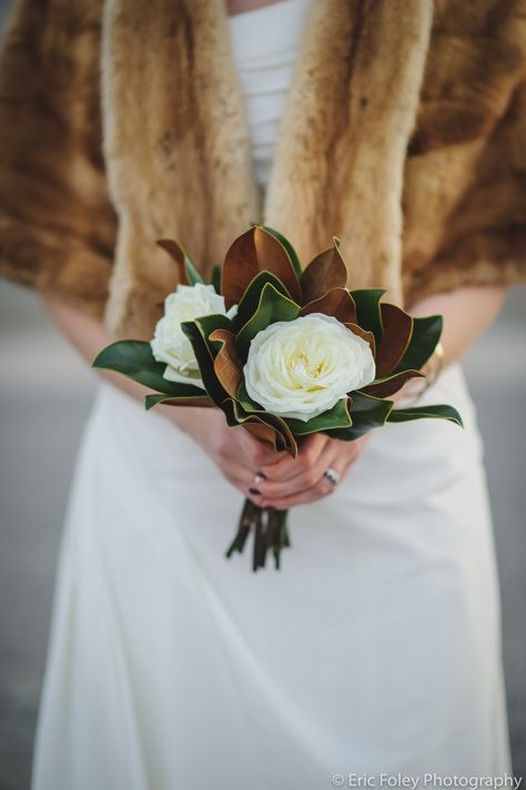 Garden Rose and Magnolia Leaf Simple Bridal Bouquet. Winter Wedding photo by Eric Foley. Hartford Club CT Wedding Magnolias Wedding Bouquet, Magnolia Wedding Flowers, Simple Bridal Bouquet, Simple Bridesmaid Bouquets, Small Bridal Bouquets, Bridal Bouquet Spring, Winter Wedding Photos, Magnolia Wedding, Winter Wedding Bouquet