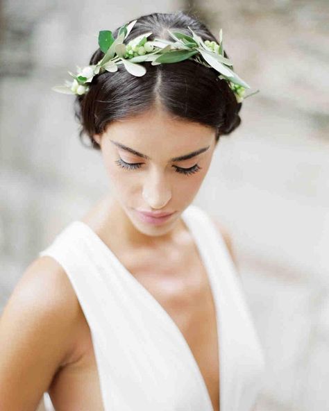 We’re loving the greenery crown trend. 📷 Sotiris Tsakanikas | Wedit Olive Leaf Crown, Greek Wedding Theme, Olive Crown, Boho Shoot, Olympian Gods, Wedding Hair Side, Grecian Goddess, Wedding Hairstyles Bride, Bride Portraits