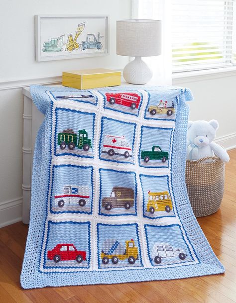 Crochet Truck Blanket, Car Crochet Blanket, Kids Crochet Blanket, Crochet Vehicles, Giraffe Blanket, Crochet Patterns Baby Boy, Baby Boy Crochet Blanket, Striped Baby Blanket, Mary Maxim