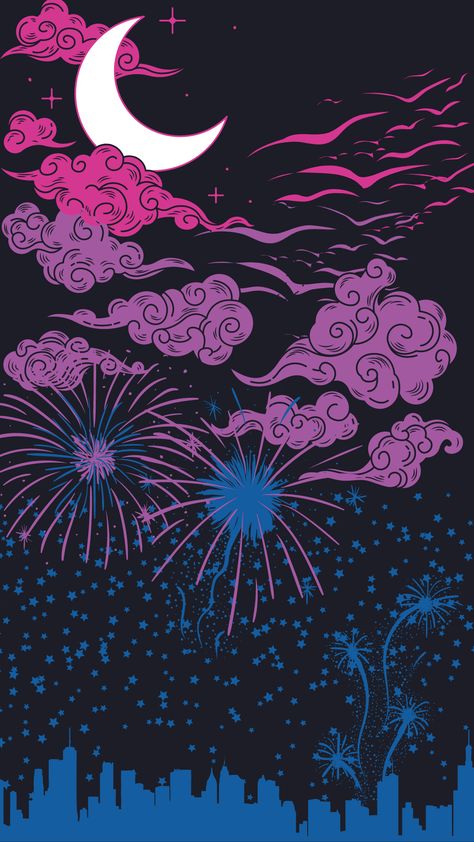 (Top Left) Hot Pink Clouds with a white crescent moon. (Top Right) A flock of hot pink birds cruising down.
(Middle) Purple clouds with purple birds flying through.
(Bottom Half) Blue stars litters the sky, with purple fireworks. A shadow of a city in the distance. Bisexual Wallpaper Iphone Aesthetic, Alt Posters, Art Room Posters, Dragon Wallpaper Iphone, Halloween Wallpaper Iphone Backgrounds, Poster Anime, Lgbt Art, Halloween Wallpaper Iphone, Happy Pride