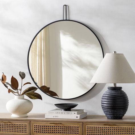 This Jayline mirror is the perfect addition to your modern interior. Its sleek, minimalist design is sure to bring a contemporary touch to any room in your home. The simple shape and clean lines of this stunning piece will effortlessly blend into any d? Black Wall Mirror, Contemporary Wall Mirrors, Circular Mirror, Accent Mirror, Metal Mirror, Framed Mirror Wall, Black Metal Frame, Metal Homes, Accent Mirrors