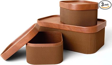 Amazon.com: LA JOLIE MUSE Fluted Cardboard Storage Basket with Leather Lids, Sturdy Stackable Paper Boxes Decorative Tray, Modern Basket Organizer Bins for Jewelry Shelve Bathroom Bedroom Organizing, Chocolate Brown, Set of 3 : Baby Spanish Bohemian, Grandpa Chic, Carton Texture, Modern Baskets, Cardboard Storage, Decorative Storage Boxes, Paper Boxes, Pinterest Group, Storage Boxes With Lids