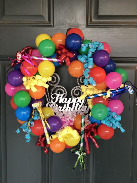 Crafty Fun Group | 🎉It’s birthday season at my house so I made a birthday wreath today Birthday Wreaths Diy, Happy Birthday Wreath Diy, Birthday Wreaths For Front Door, Birthday Wreath Ideas, Balloon Wreath Diy, Birthday Wreath Diy, Birthday Wreaths, Birthday Door Decorations, Birthday Balloon Wreath