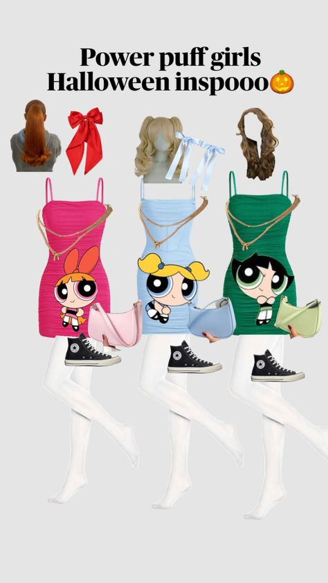 Power puff girls Halloween inspoo🎃 #halloween #halloweenaesthetic #powerpuffgirls #blossom #bubbles #buttercup Powerpuff Girls Halloween, Power Puff Costume, Powerpuff Girls Halloween Costume, Two Person Halloween Costumes, Diy Girls Costumes, Fun Halloween Outfits, Powerpuff Girls Costume, Creepy Halloween Party, Trio Costumes