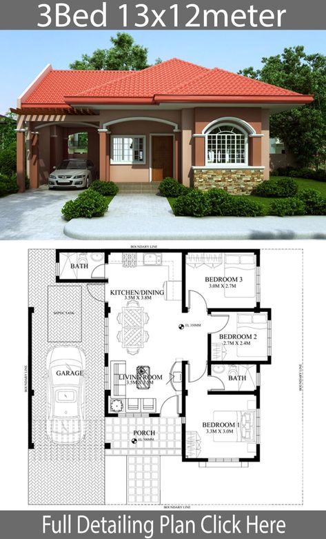 Pelan Rumah Kecil, Pelan Lantai Rumah, Rumah Moden, Three Bedroom House Plan, Pelan Rumah, Affordable House Plans, Two Story House, Free House Plans, Three Bedroom House